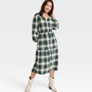 BELL SLEEVE A-LINE MIDI BUTTON DOWN DRESS IN GREEN PLAID!!